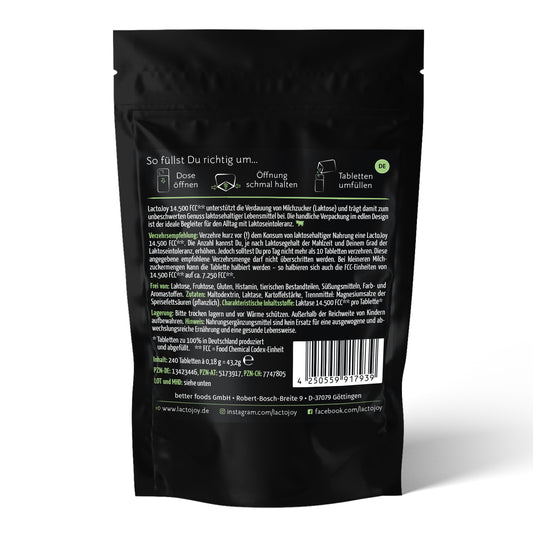 LactoJoy Laktase Tabletten - 14.500 FCC - 240 Nachfüllpackung Rückseite
